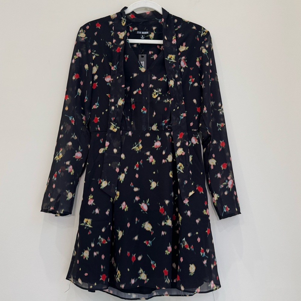 Steve Madden Black Floral Sheer Long Sleeve Dress Size Small NWT